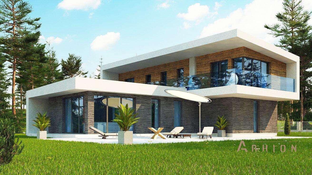 7. Проект двухэтажного дома в стиле хай-тек с плоской кровлей , zx70, площадью - 192 кв c балконом, гаражом